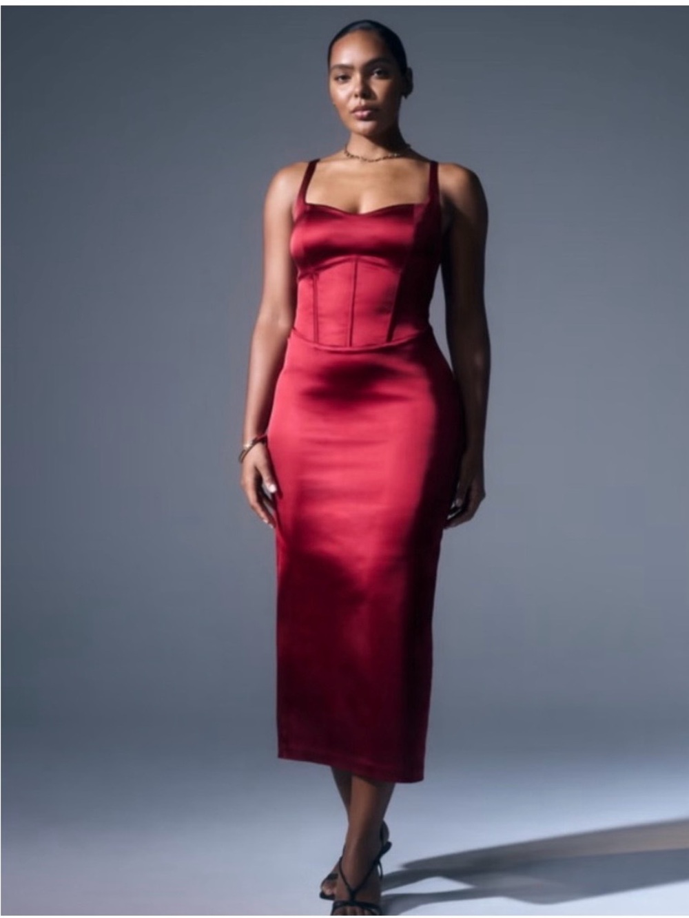 Abercrombie & Fitch Satin Burgundy Midi Dress with Corset Detailing